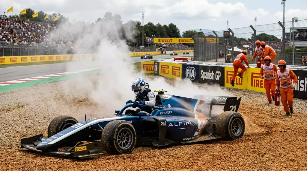 Monoplaza de Formula 1 detenido en escapatoria con humo del motor averiado