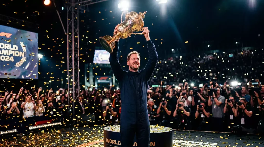 Piloto de Formula 1 levantando el trofeo del campeonato mundial con confeti cayendo en la ceremonia de premiacion
