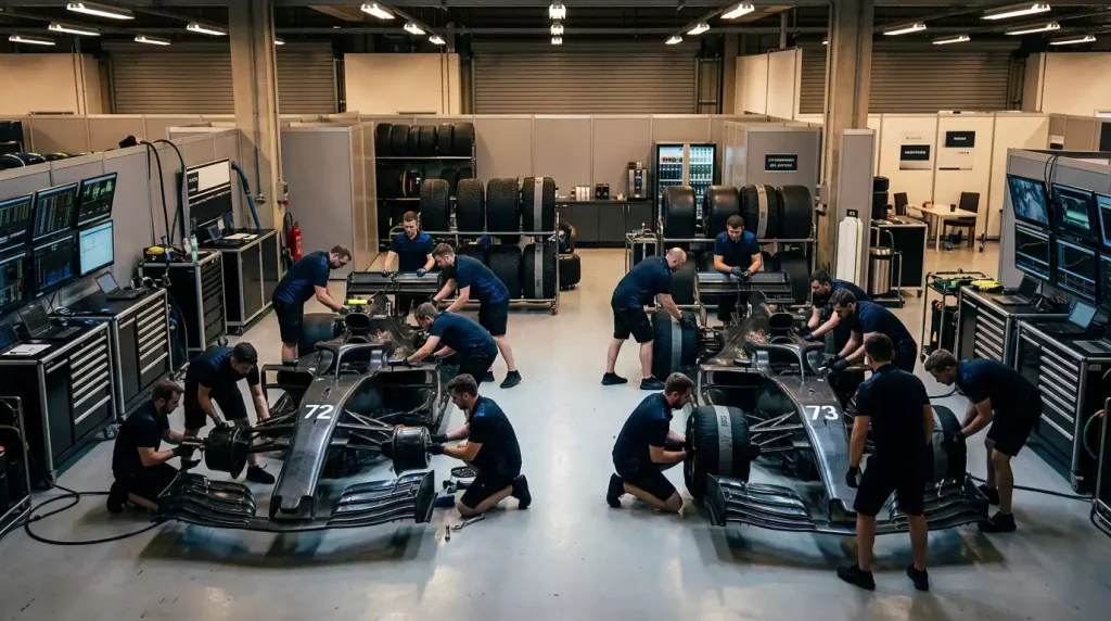 Equipo de mecanicos de Formula 1 trabajando en boxes con dos monoplazas del mismo equipo en garaje