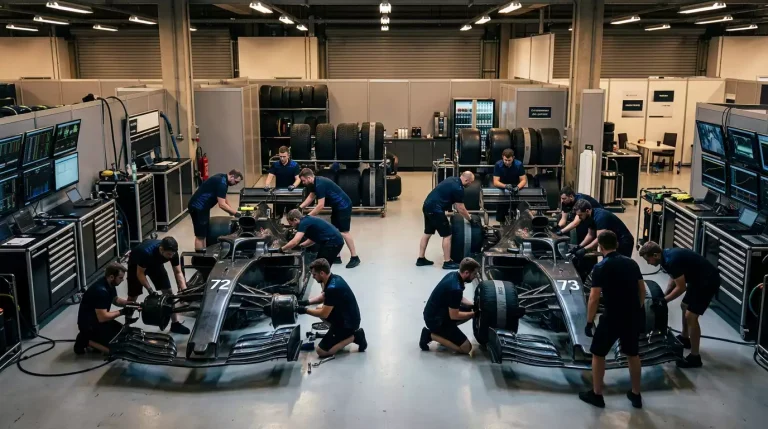 Equipo de mecanicos de Formula 1 trabajando en boxes con dos monoplazas del mismo equipo en garaje