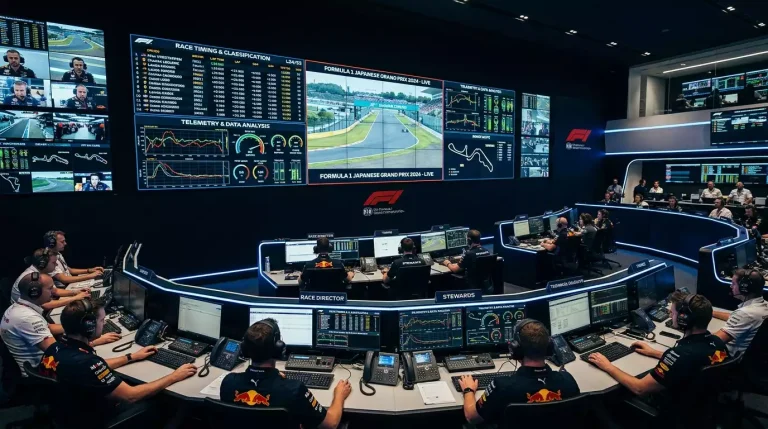 Pantalla de control de carrera de Formula 1 mostrando tiempos en vivo y posiciones de pilotos durante competicion