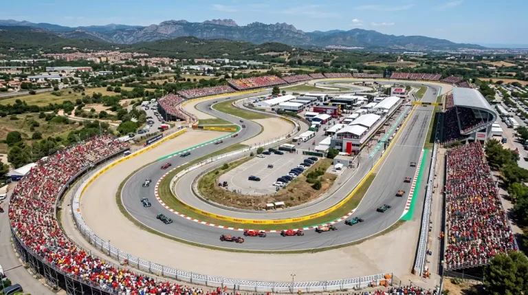 Vista aerea del Circuit de Barcelona-Catalunya con monoplazas de Formula 1 en pista