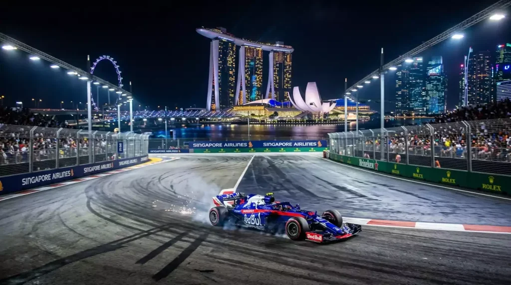 Circuito urbano de Marina Bay en Singapur iluminado de noche con monoplaza de Formula 1 en pista