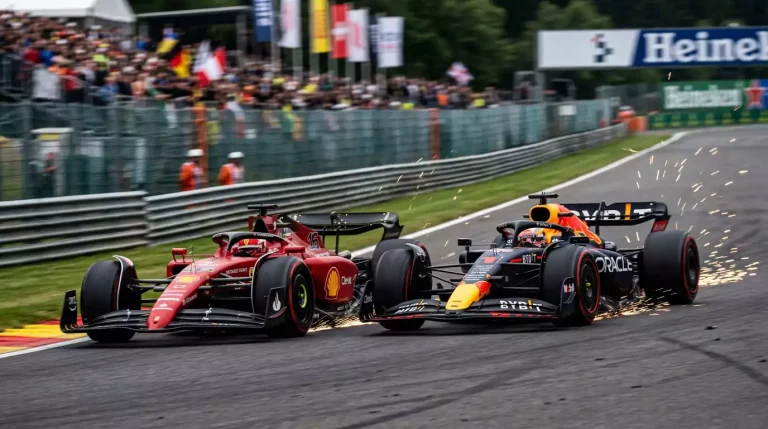 Dos monoplazas de Formula 1 compitiendo rueda a rueda en curva de circuito