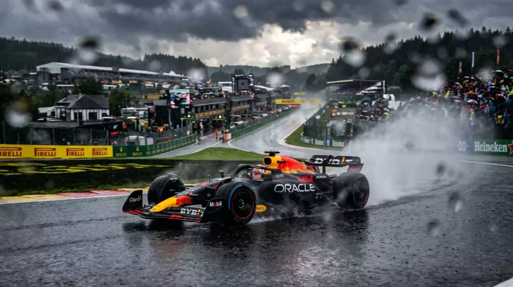 Monoplaza de Formula 1 compitiendo bajo la lluvia con spray de agua en circuito mojado