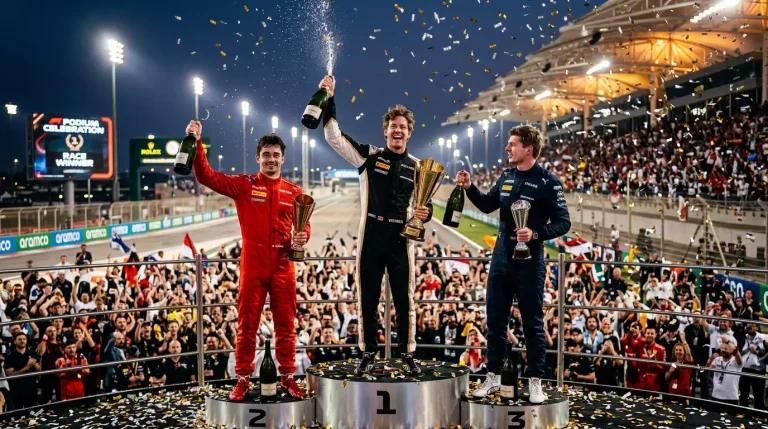 Tres pilotos de Formula 1 celebrando en el podio con trofeos y champan despues de una carrera