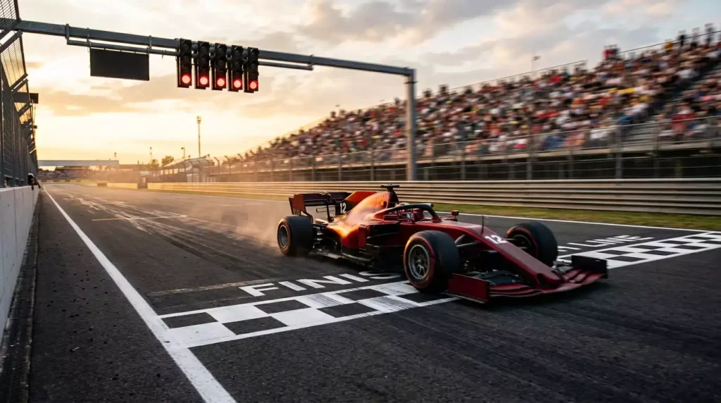 Monoplaza de Formula 1 cruzando la linea de meta en clasificacion con luces de semaforo de salida al fondo