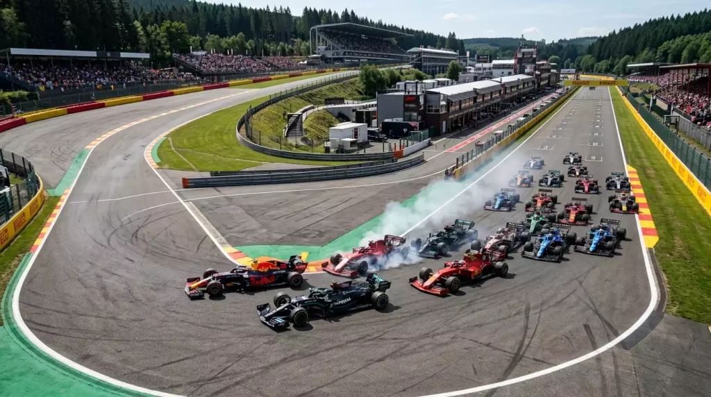 Salida de carrera de Fórmula 1 con monoplazas en la primera curva