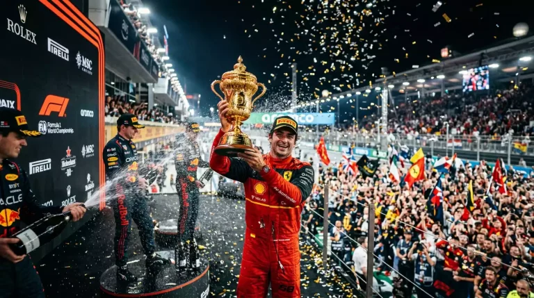 Trofeo de campeon del mundo de Formula 1 sobre podio con confeti de celebracion