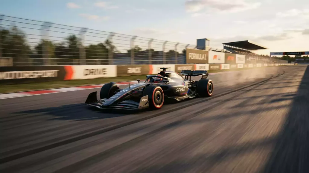 Monoplaza de Formula 1 a alta velocidad en una recta con efecto de movimiento mostrando neumaticos blandos