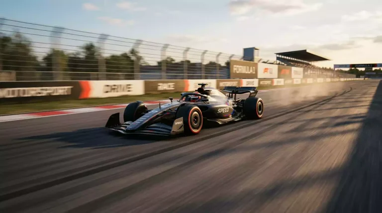 Monoplaza de Formula 1 a alta velocidad en una recta con efecto de movimiento mostrando neumaticos blandos