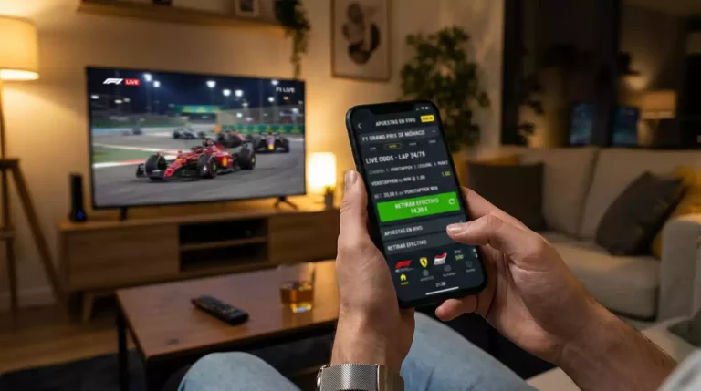 Mano sosteniendo telefono movil con aplicacion de apuestas mostrando opcion de cashout durante carrera de F1