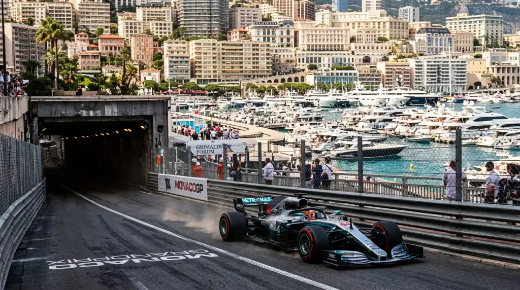 Monoplaza de Formula 1 atravesando el tunel del circuito urbano de Monaco con yates en el puerto de fondo