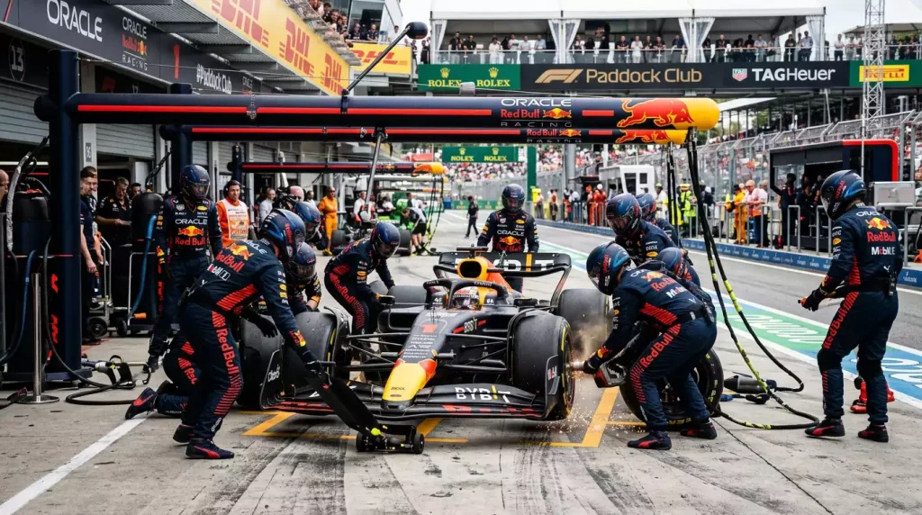 Equipo de mecanicos realizando pit stop a monoplaza de Formula 1 cambiando neumaticos
