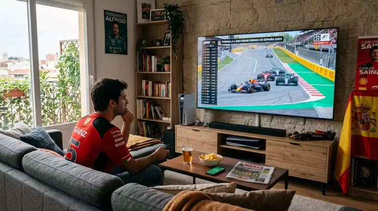 Aficionado espanol viendo carrera de Formula 1 en pantalla con telefono movil