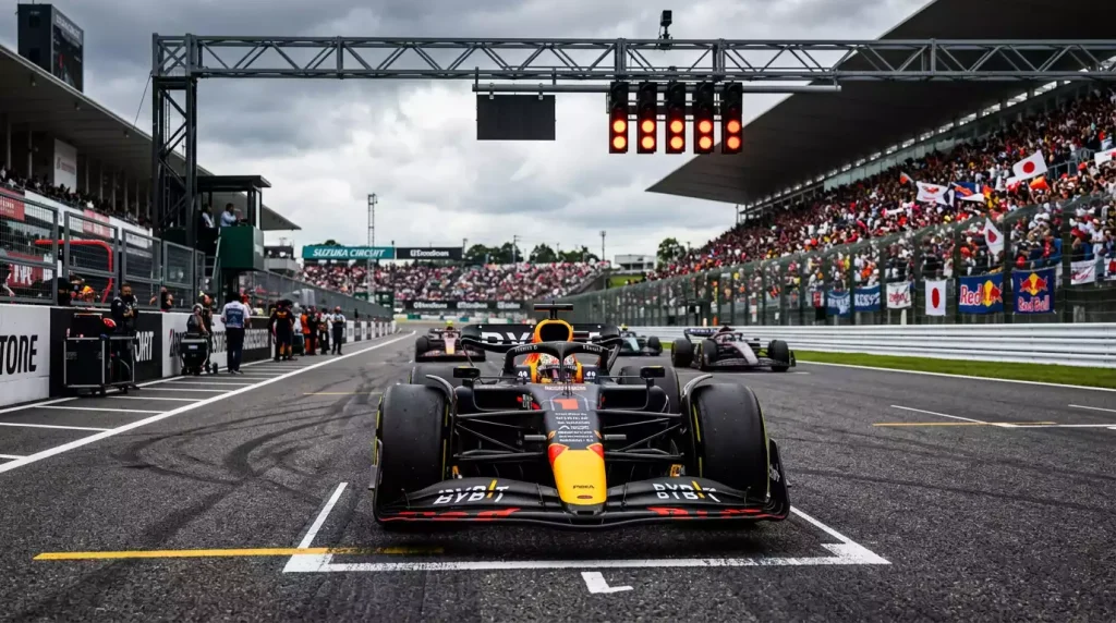 Monoplaza de Formula 1 en pole position en parrilla de salida con luces del semaforo