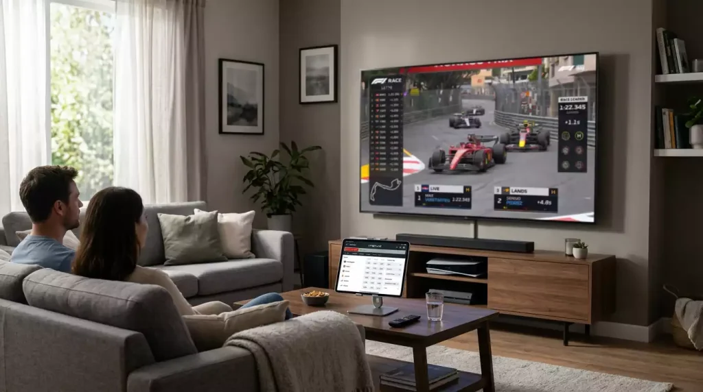 Pantalla mostrando carrera de Fórmula 1 en directo con cuotas de apuestas