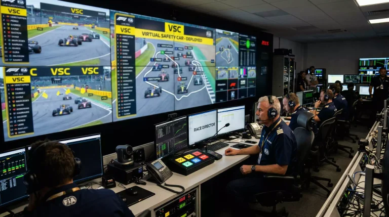 Panel de control de Formula 1 mostrando indicador VSC con monoplazas circulando a velocidad reducida